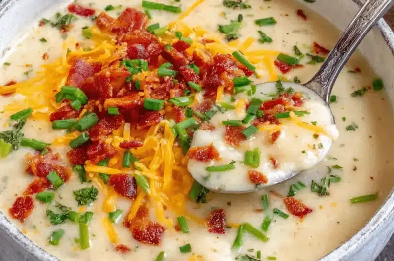 Detailed close-up of a creamy bowl of loaded **paula deen potato soup** topped with crispy bacon, melted cheddar cheese, and fresh chives.