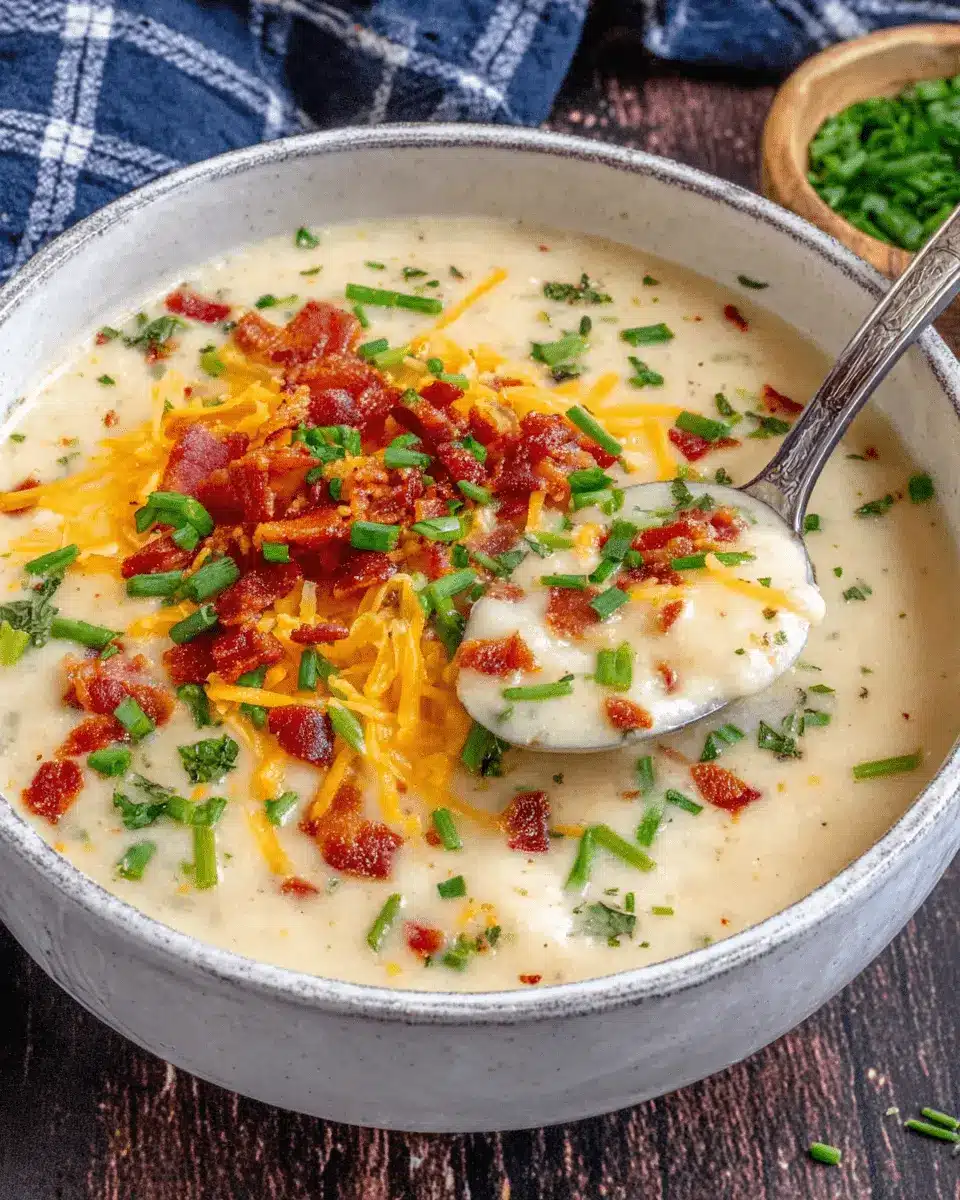 Detailed close-up of a creamy bowl of loaded **paula deen potato soup** topped with crispy bacon, melted cheddar cheese, and fresh chives.