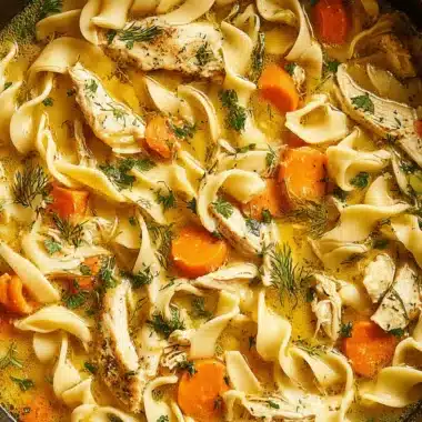 Appetizing flat lay of homestyle Chicken Noodle Soup with thick egg noodles, shredded chicken, and fresh dill garnish.