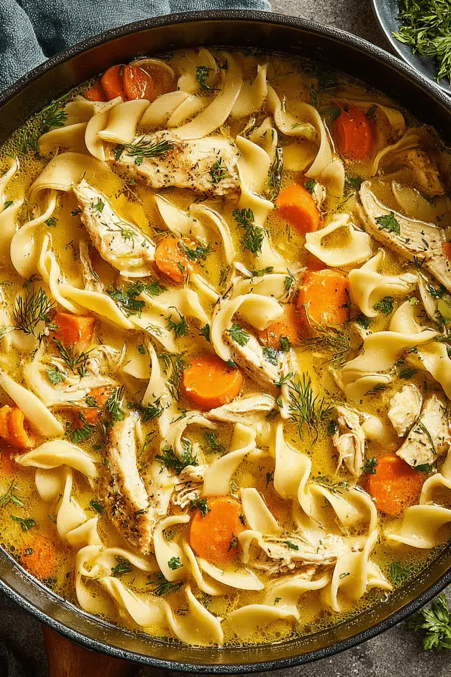 Appetizing flat lay of homestyle Chicken Noodle Soup with thick egg noodles, shredded chicken, and fresh dill garnish.