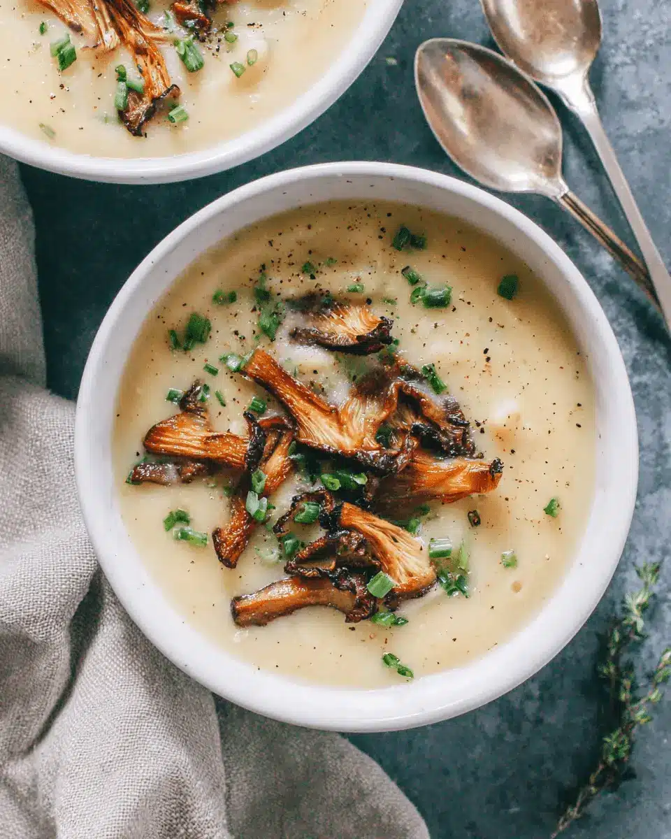 The Ultimate Dairy Free Potato Soup Recipe 2 Overhead view of a creamy, gourmet bowl of dairy free potato soup garnished with crispy wild mushrooms and fresh chives.