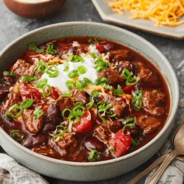 The Ultimate Foolproof Slow Cooker Chili Recipe 3 Hearty bowl of slow cooker chili recipe made with chunky beef, garnished with sour cream, shredded cheese, and fresh scallions.