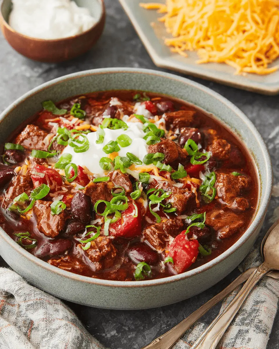 The Ultimate Foolproof Slow Cooker Chili Recipe 2 Hearty bowl of slow cooker chili recipe made with chunky beef, garnished with sour cream, shredded cheese, and fresh scallions.