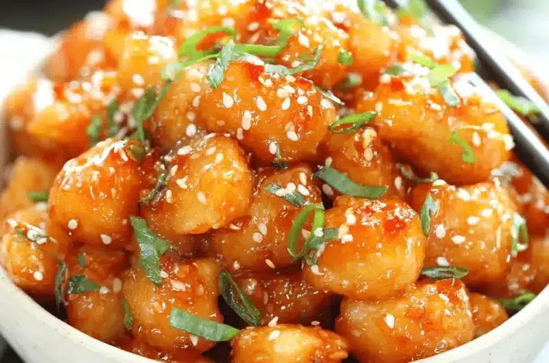 Close-up photograph of glossy, sticky sweet chili chicken garnished with white sesame seeds and chopped green onions.