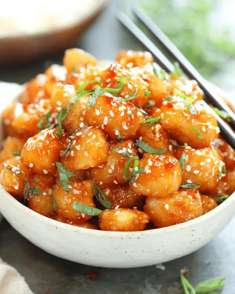 The Ultimate Sweet Chili Chicken Recipe 2 Close-up photograph of glossy, sticky sweet chili chicken garnished with white sesame seeds and chopped green onions.