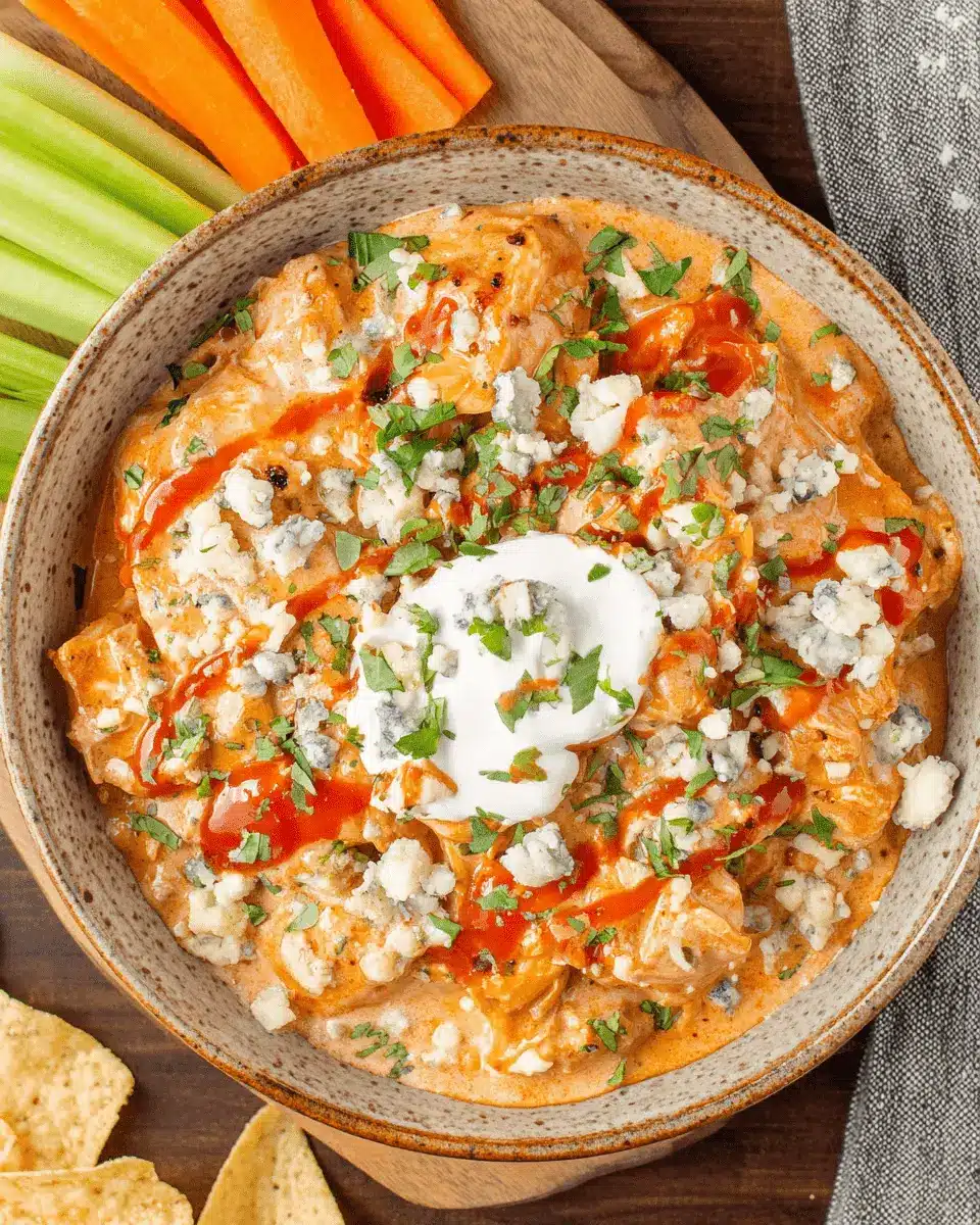 Overhead view of creamy Buffalo Chicken Dip with blue cheese crumbles and hot sauce, offering the intense flavor profile expected from buffalo chicken chili.