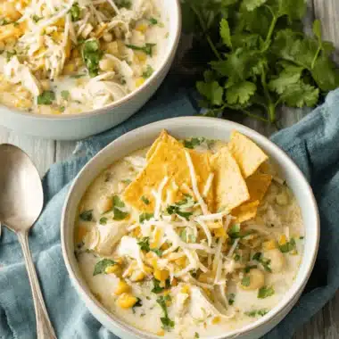 The Ultimate Creamy White Chicken Chili 3 Appetizing photo of two bowls of creamy white chicken chili with cheese, cilantro, and tortilla chips on a rustic wood surface.