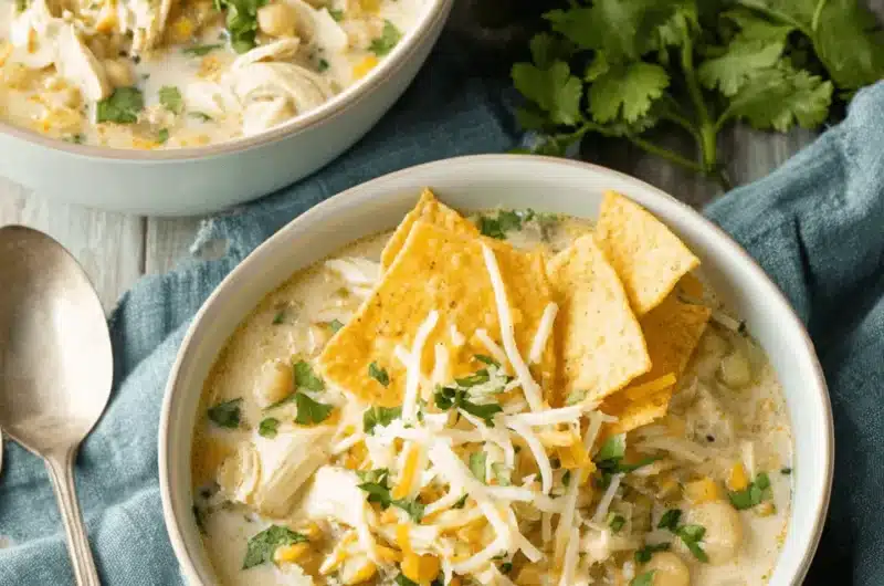 Appetizing photo of two bowls of creamy white chicken chili with cheese, cilantro, and tortilla chips on a rustic wood surface.
