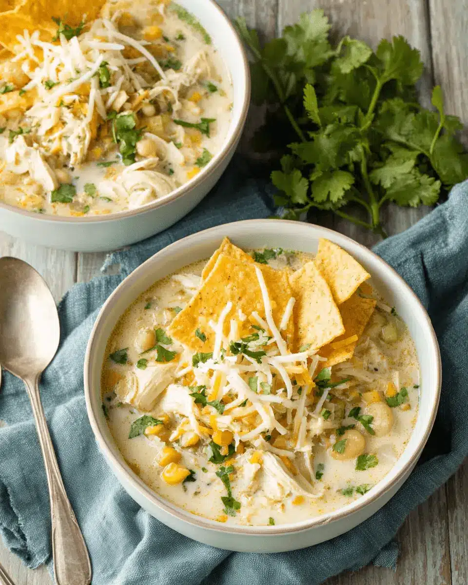 The Ultimate Creamy White Chicken Chili 2 Appetizing photo of two bowls of creamy white chicken chili with cheese, cilantro, and tortilla chips on a rustic wood surface.