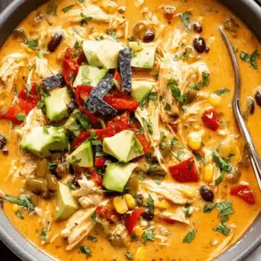 Close-up of a creamy, vibrantly garnished bowl of Chicken Enchilada Soup topped with fresh avocado and blue corn tortilla chips.