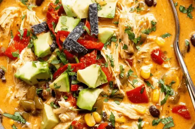 Close-up of a creamy, vibrantly garnished bowl of Chicken Enchilada Soup topped with fresh avocado and blue corn tortilla chips.