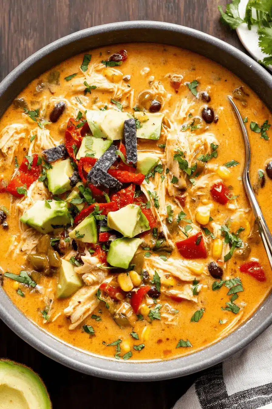 The Ultimate Creamy Chicken Enchilada Soup 2 Close-up of a creamy, vibrantly garnished bowl of Chicken Enchilada Soup topped with fresh avocado and blue corn tortilla chips.