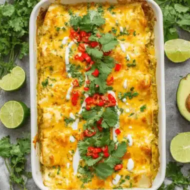 The Ultimate Green Chili Chicken Enchiladas 3 Overhead photo of bubbly, cheesy green chili chicken enchiladas in a baking dish, garnished with cilantro and red chiles.