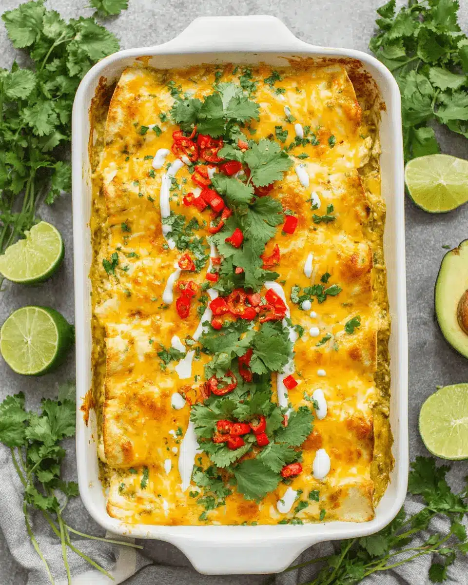 The Ultimate Green Chili Chicken Enchiladas 2 Overhead photo of bubbly, cheesy green chili chicken enchiladas in a baking dish, garnished with cilantro and red chiles.