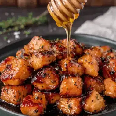 The Ultimate Hot Honey Salmon Bites Recipe 4 Appetizing photo of caramelized Hot Honey Salmon Bites being dramatically drizzled with a thick stream of golden honey.