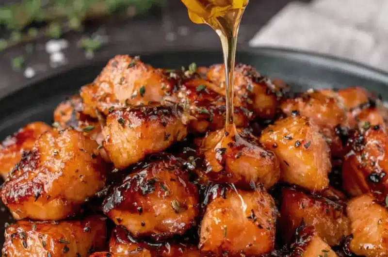 Appetizing photo of caramelized Hot Honey Salmon Bites being dramatically drizzled with a thick stream of golden honey.