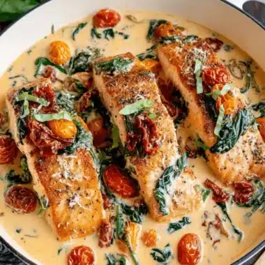 The Ultimate Creamy Tuscan Salmon Recipe 4 Skillet view of thick, seared Creamy Tuscan Salmon fillets garnished with basil and Parmesan.