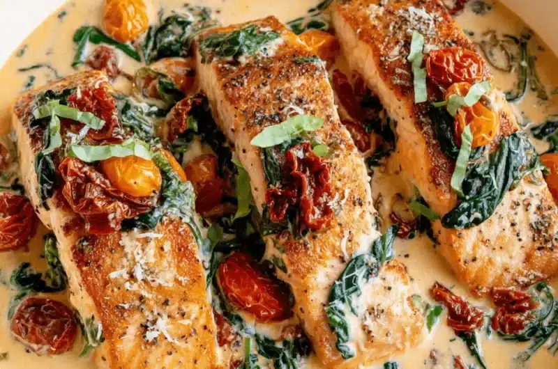 Skillet view of thick, seared Creamy Tuscan Salmon fillets garnished with basil and Parmesan.