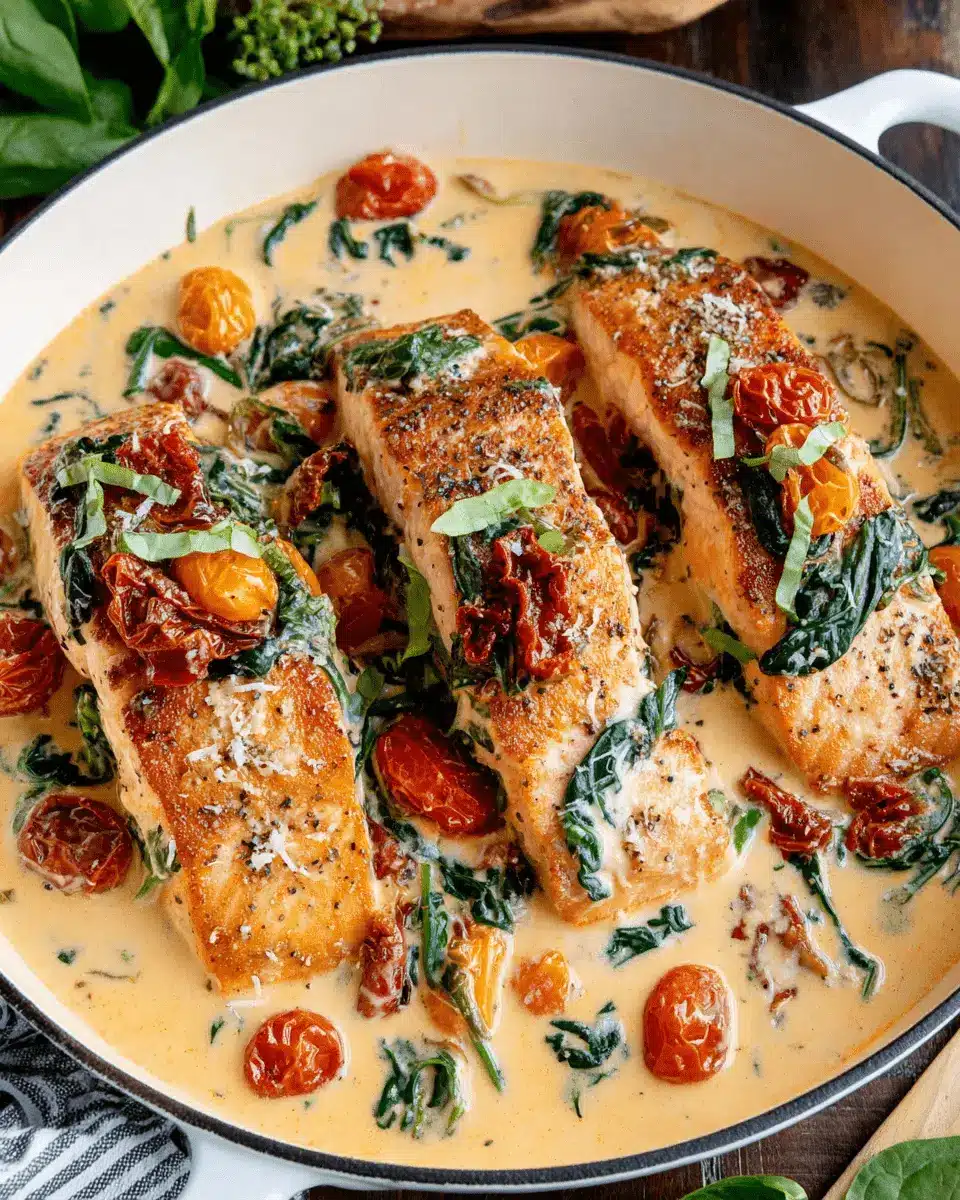 The Ultimate Creamy Tuscan Salmon Recipe 2 Skillet view of thick, seared Creamy Tuscan Salmon fillets garnished with basil and Parmesan.