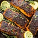 The Ultimate Foolproof Blackened Salmon Recipe 9 Four thick fillets of flavorful Blackened Salmon resting in a cast iron skillet, garnished with fresh thyme and bright lemon slices.