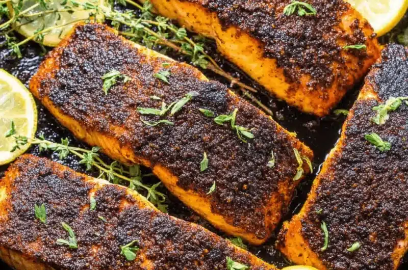 Four thick fillets of flavorful Blackened Salmon resting in a cast iron skillet, garnished with fresh thyme and bright lemon slices.