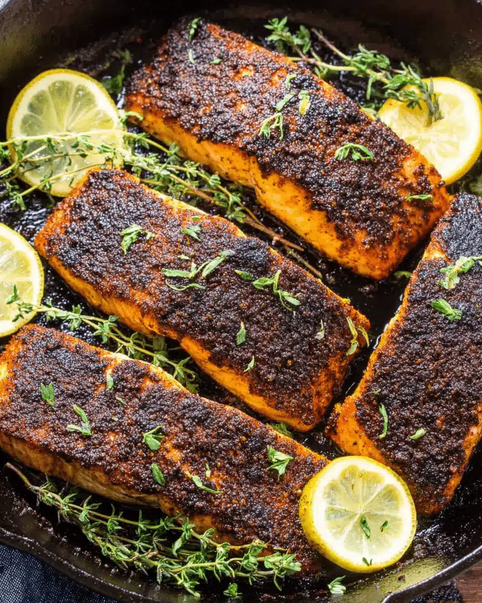 Four thick fillets of flavorful Blackened Salmon resting in a cast iron skillet, garnished with fresh thyme and bright lemon slices.
