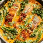 The Ultimate Salmon Curry: Simple & Flavorful 8 Pan-seared salmon curry served directly in a black skillet, featuring thick salmon fillets, broccolini, and fresh cilantro garnish.