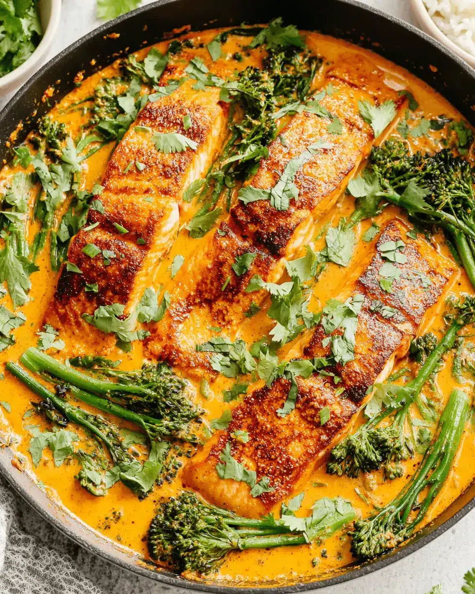 Pan-seared salmon curry served directly in a black skillet, featuring thick salmon fillets, broccolini, and fresh cilantro garnish.