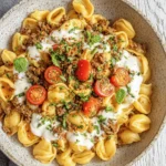 Authentic Turkish Pasta Recipe: A Flavorful Dish 7 Detailed overhead view of a rustic bowl containing savory Turkish Pasta (Orecchiette) topped with ground meat, creamy yogurt, fresh parsley, and mint.
