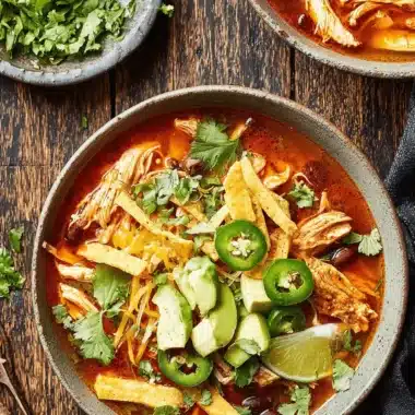 The Ultimate Chicken Tortilla Soup Delight 4 Overhead view of two bowls of rustic, richly garnished Chicken Tortilla Soup Delight with avocado, crispy tortilla strips, and lime wedges on a dark wood table.