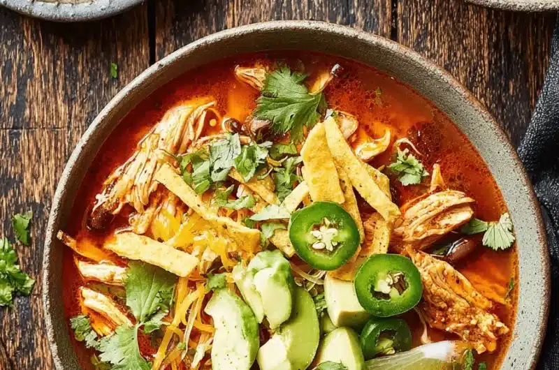 Overhead view of two bowls of rustic, richly garnished Chicken Tortilla Soup Delight with avocado, crispy tortilla strips, and lime wedges on a dark wood table.