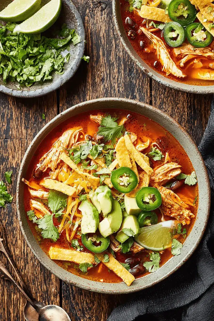 Overhead view of two bowls of rustic, richly garnished Chicken Tortilla Soup Delight with avocado, crispy tortilla strips, and lime wedges on a dark wood table.