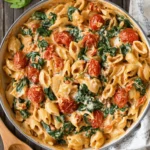 The Ultimate Baked Feta Pasta Recipe 5 Overhead view of hearty Baked Feta Pasta with shell pasta, creamy blush sauce, blistered cherry tomatoes, and spinach, served directly in a mint green skillet.