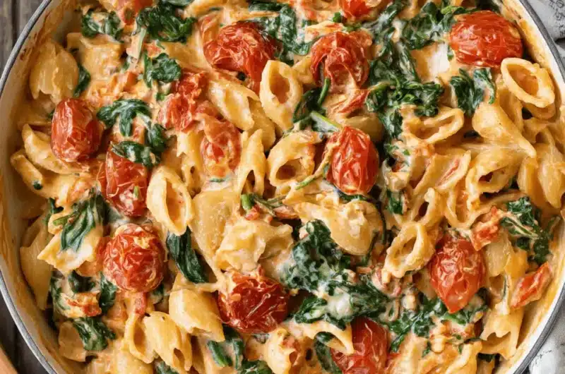 Overhead view of hearty Baked Feta Pasta with shell pasta, creamy blush sauce, blistered cherry tomatoes, and spinach, served directly in a mint green skillet.