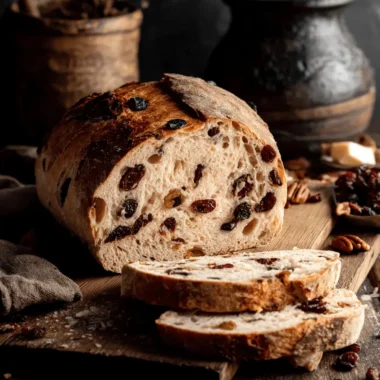 Ultimate Foolproof Cranberry Walnut Sourdough Bread 4 Rustic, high-contrast image of a sliced Cranberry Walnut Sourdough Bread loaf on a dark wooden board.