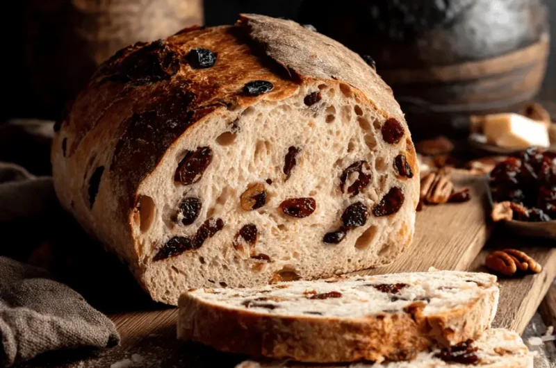 Rustic, high-contrast image of a sliced Cranberry Walnut Sourdough Bread loaf on a dark wooden board.