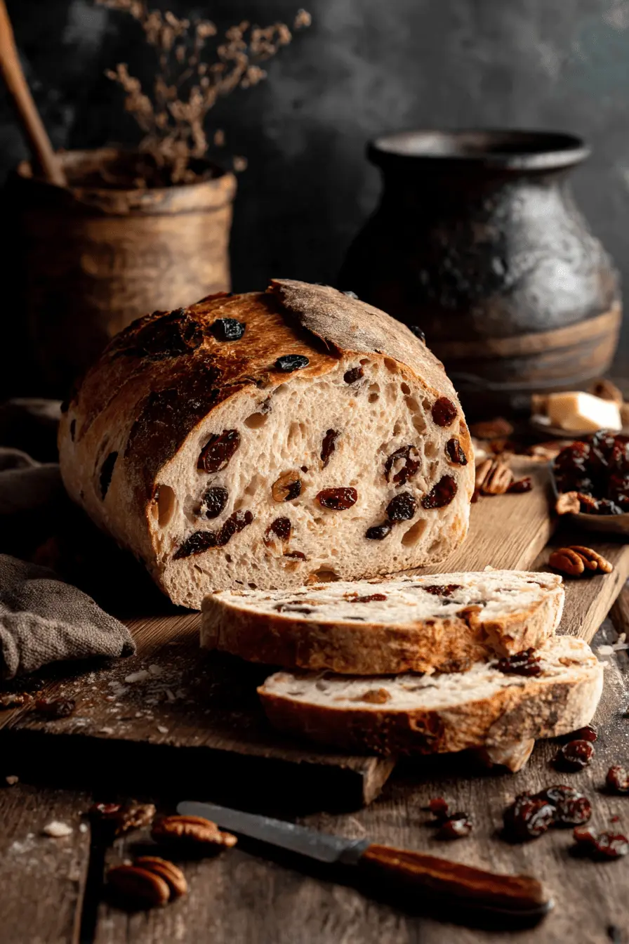 Ultimate Foolproof Cranberry Walnut Sourdough Bread 2 Rustic, high-contrast image of a sliced Cranberry Walnut Sourdough Bread loaf on a dark wooden board.
