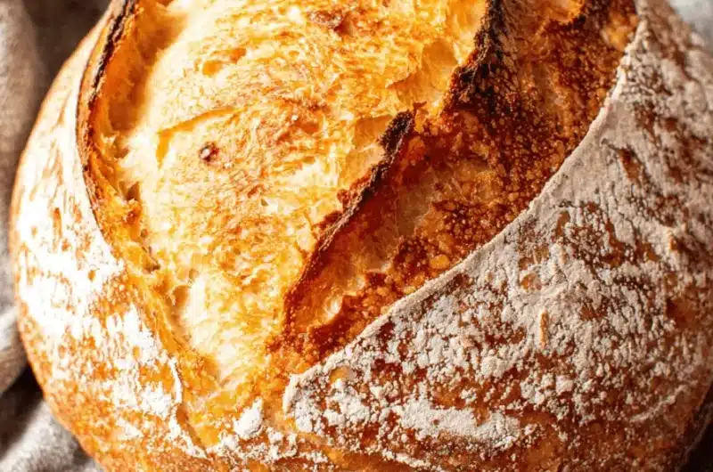 Rustic close-up of a perfectly baked boule of Overnight Sourdough Bread with a dark, caramelized crust and prominent ear, resting on a textured linen cloth.