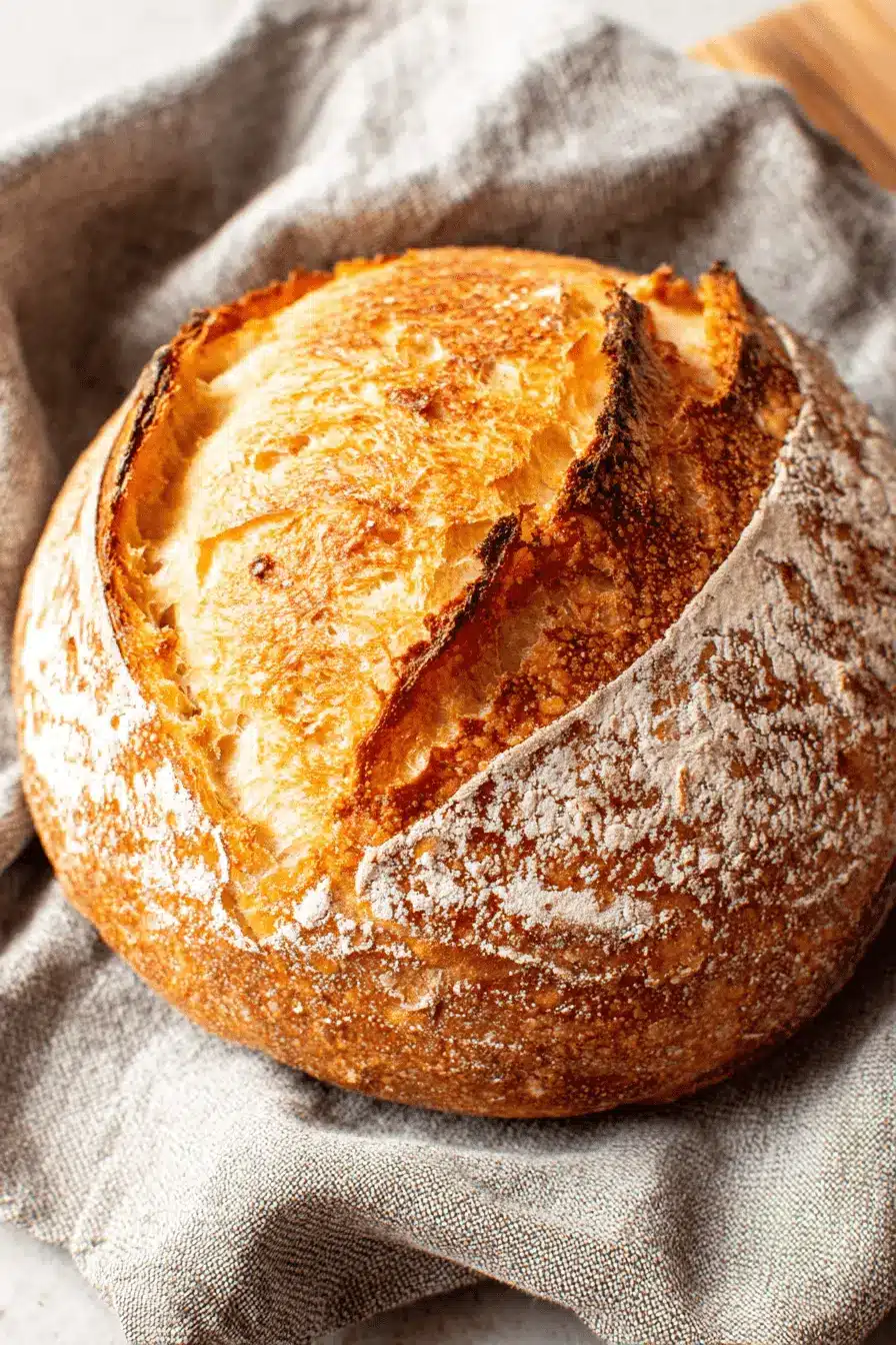 Amazing Overnight Sourdough Bread for Beginners 2 Rustic close-up of a perfectly baked boule of Overnight Sourdough Bread with a dark, caramelized crust and prominent ear, resting on a textured linen cloth.