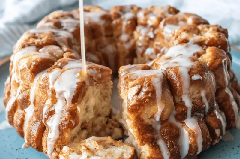 Golden-brown Sourdough Monkey Bread being glazed with white icing and warm caramel sauce on a rustic blue plate.