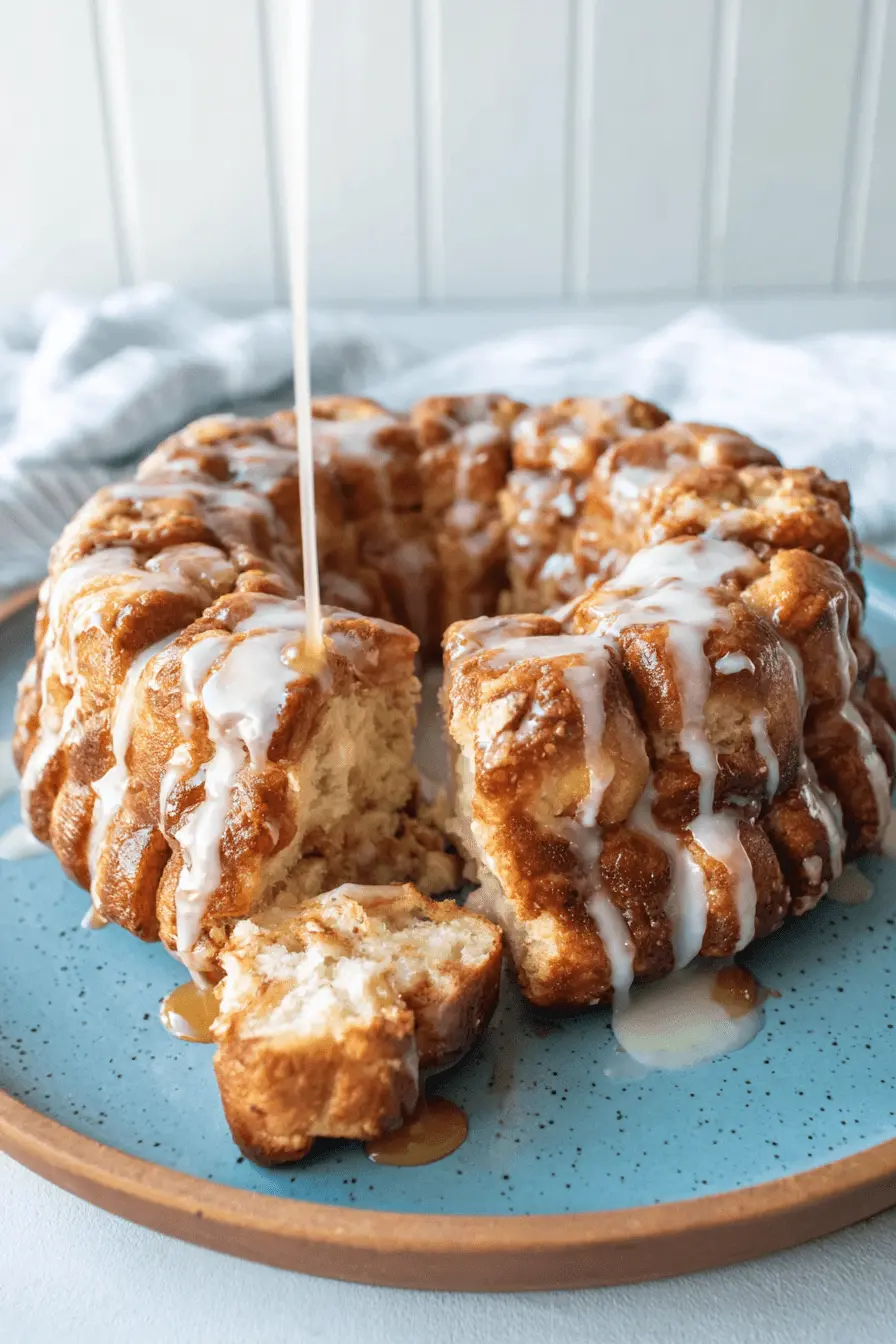 The Ultimate Foolproof Sourdough Monkey Bread 2 Golden-brown Sourdough Monkey Bread being glazed with white icing and warm caramel sauce on a rustic blue plate.