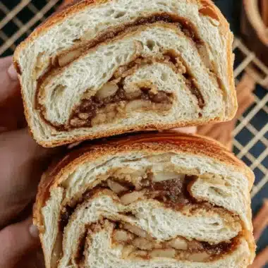 The Ultimate Apple Cinnamon Sourdough Bread 4 Sliced apple cinnamon sourdough bread revealing a gooey, spiced swirl and crunchy nuts against a soft, golden crumb.