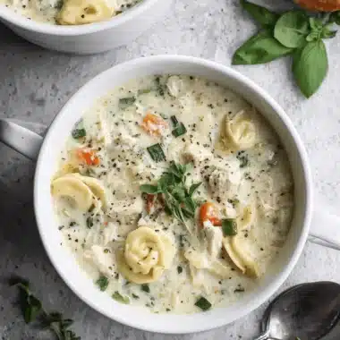 Overhead flat lay photo of a creamy bowl of hearty Chicken Tortellini Soup garnished with fresh thyme and cracked pepper.