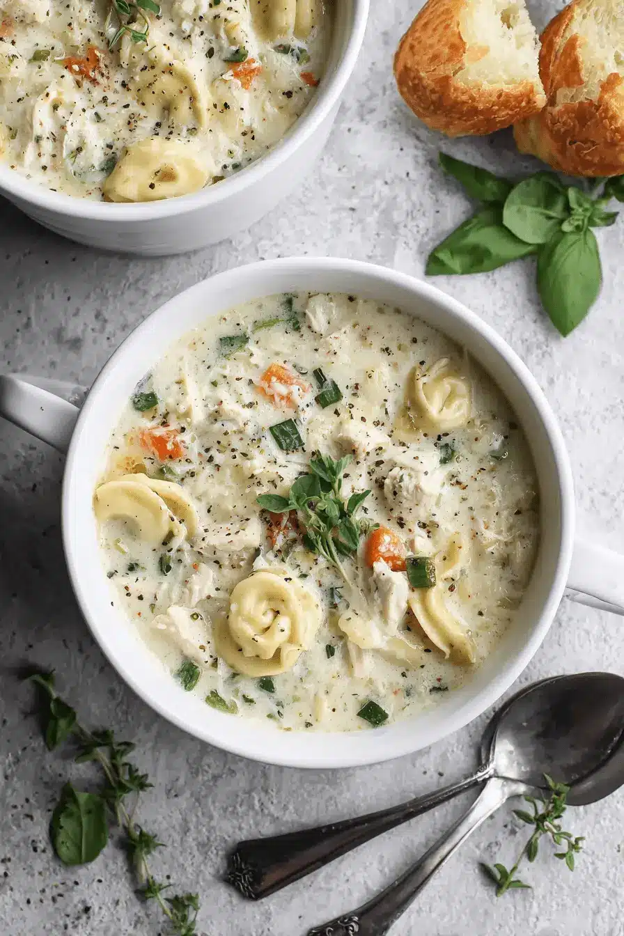 Overhead flat lay photo of a creamy bowl of hearty Chicken Tortellini Soup garnished with fresh thyme and cracked pepper.
