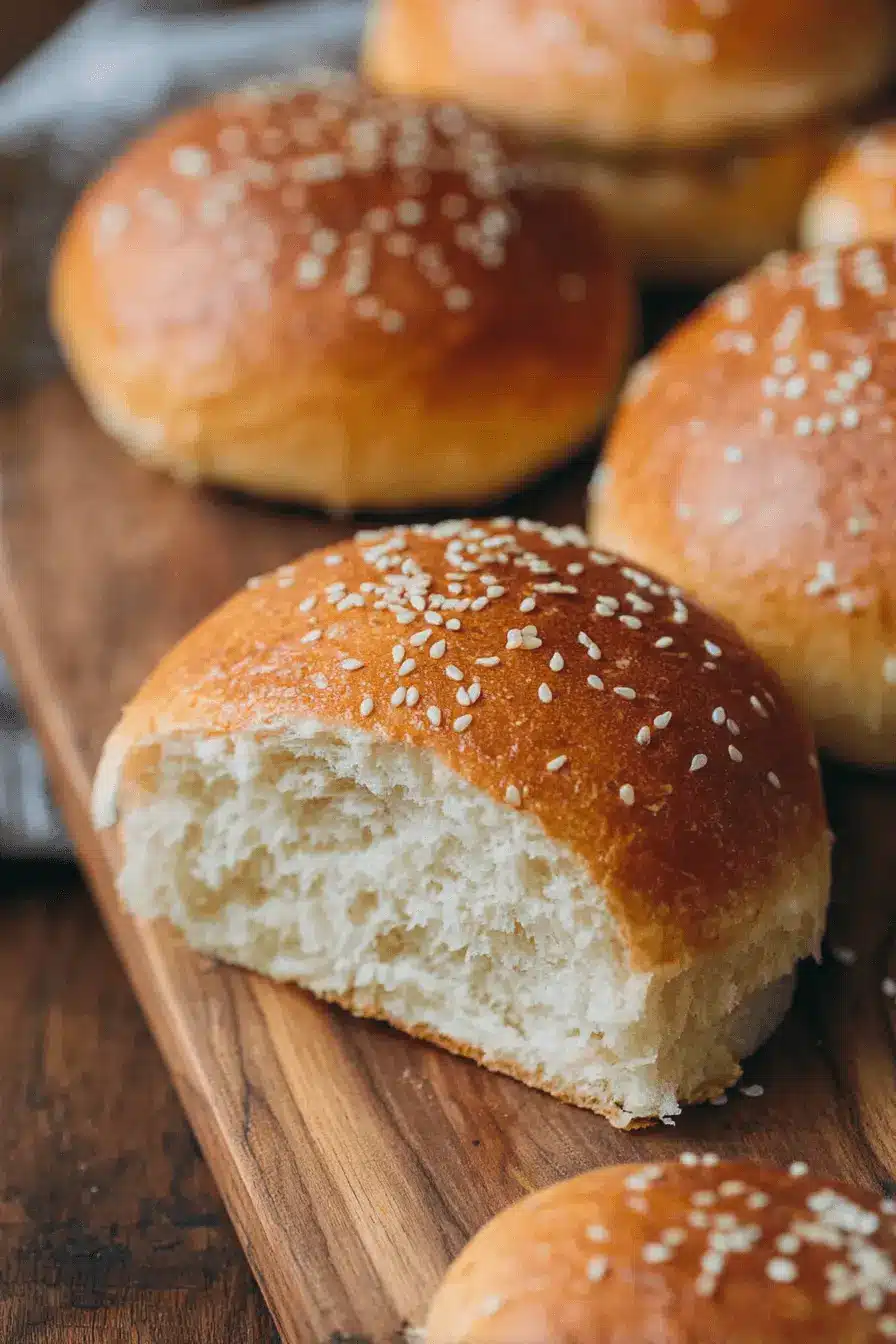 Freshly baked Sourdough Hamburger Buns topped with sesame seeds displayed on a rustic wooden board, showing the soft, airy crumb structure.