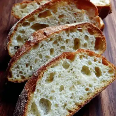 Ultimate Foolproof Focaccia Sourdough Bread 3 Close-up view of fanned-out slices of rustic, airy focaccia sourdough bread on a dark wooden cutting board, highlighting the open crumb structure.