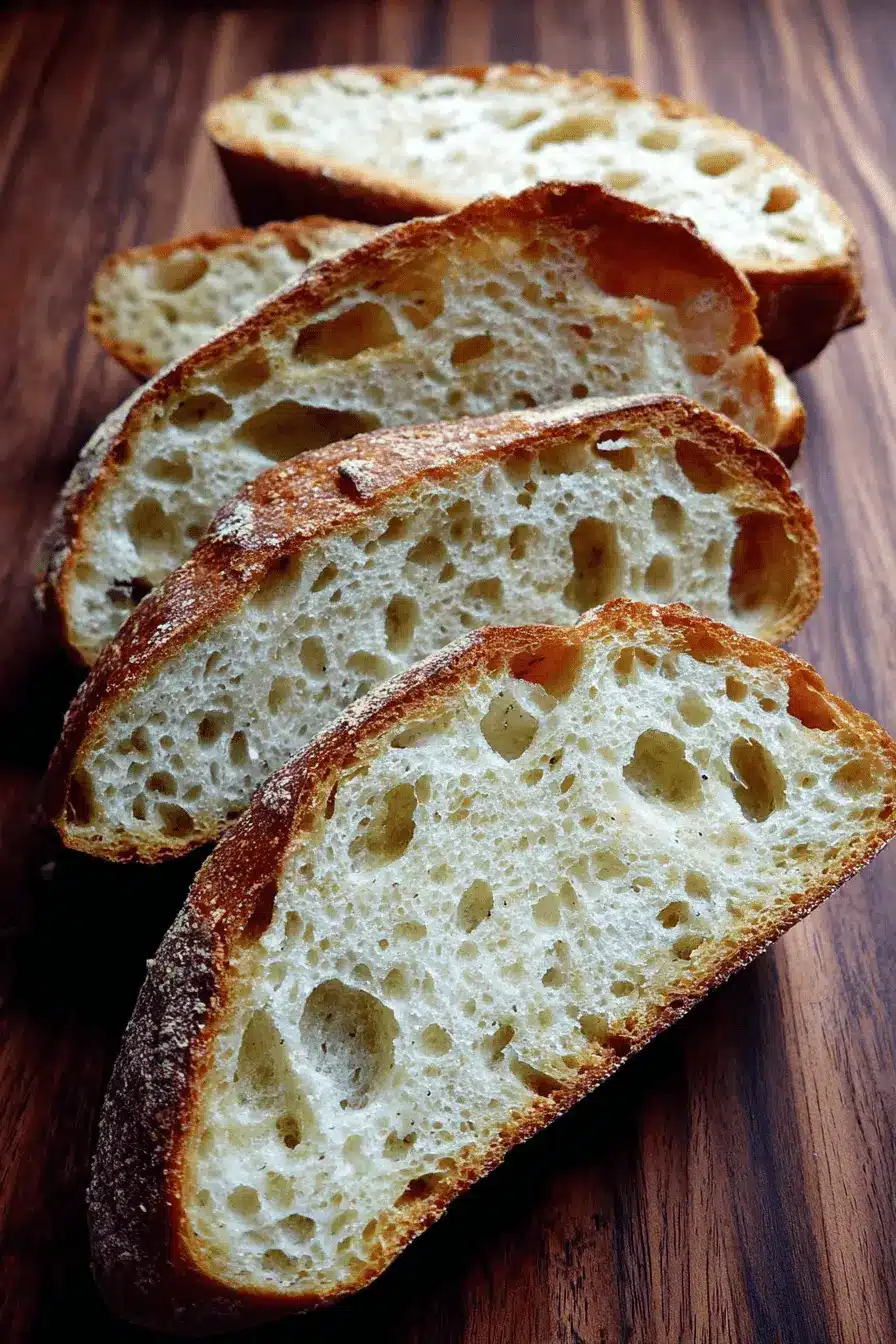 Ultimate Foolproof Focaccia Sourdough Bread 2 Close-up view of fanned-out slices of rustic, airy focaccia sourdough bread on a dark wooden cutting board, highlighting the open crumb structure.