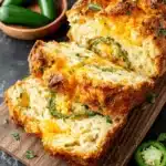 Close-up of a rustic, sliced loaf of cheddar jalapeno sourdough bread showing its cheesy, spicy interior on a wooden cutting board.