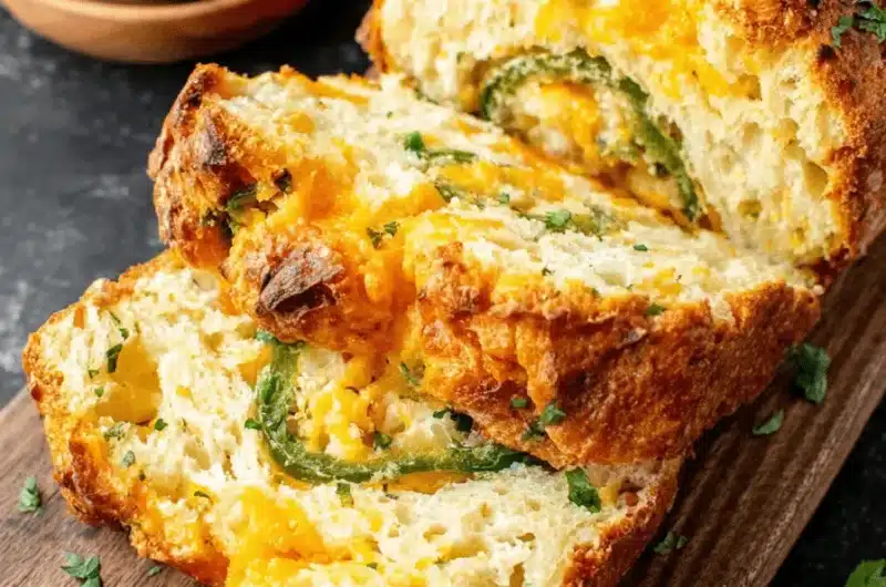 Close-up of a rustic, sliced loaf of cheddar jalapeno sourdough bread showing its cheesy, spicy interior on a wooden cutting board.