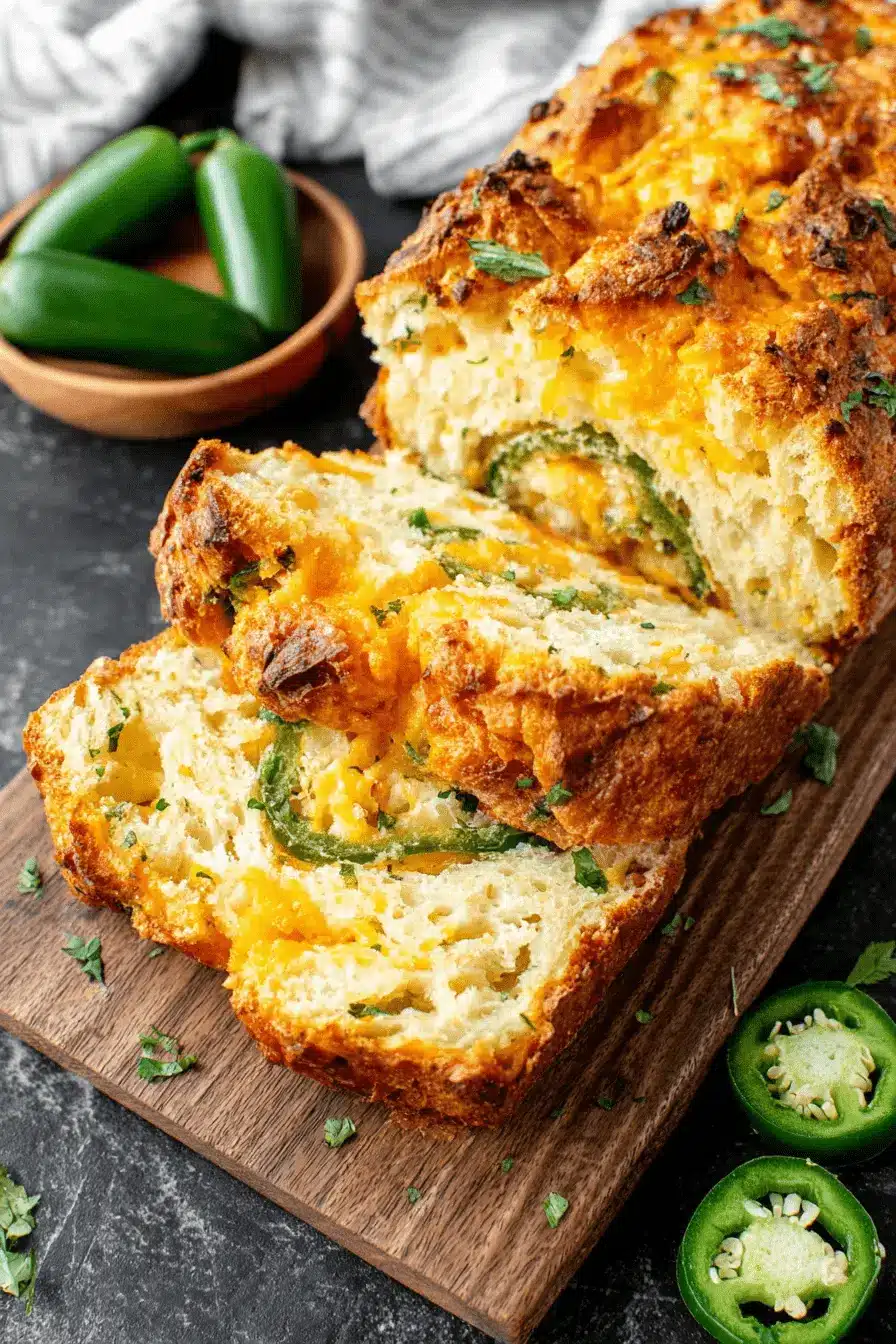 Close-up of a rustic, sliced loaf of cheddar jalapeno sourdough bread showing its cheesy, spicy interior on a wooden cutting board.